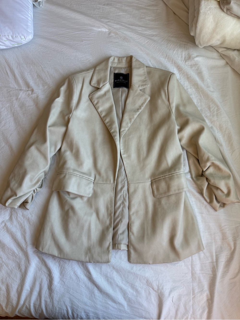 Cream Tailored Leather Blazer Jacket